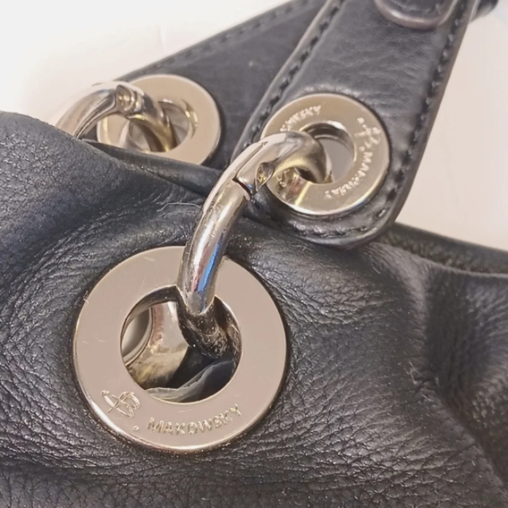 B. Makowsky Leather Hobo Style Moto Purse Shoulder Bag Black